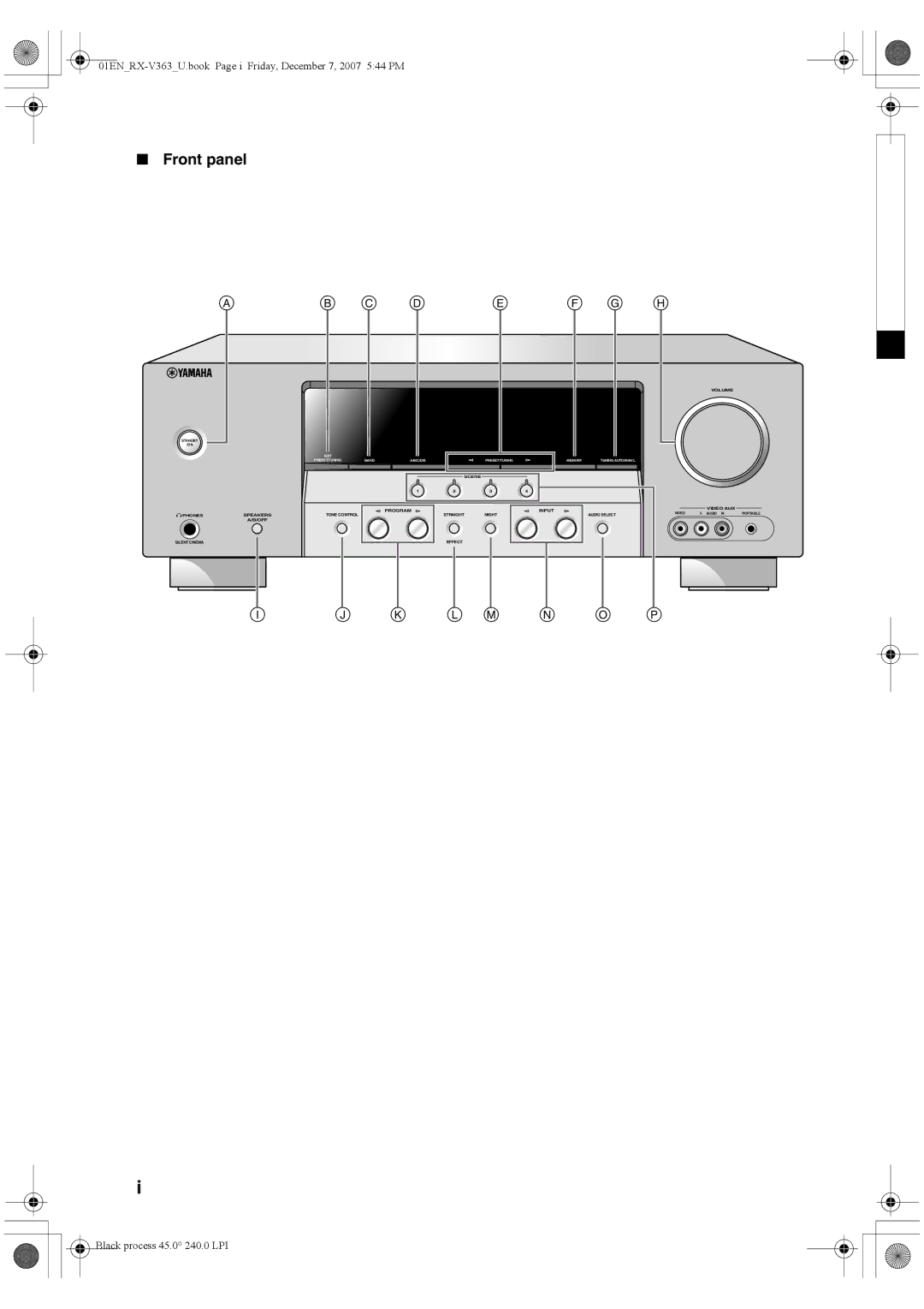 Yamaha RX-V363 owner manual Front panel, C D E F G H 