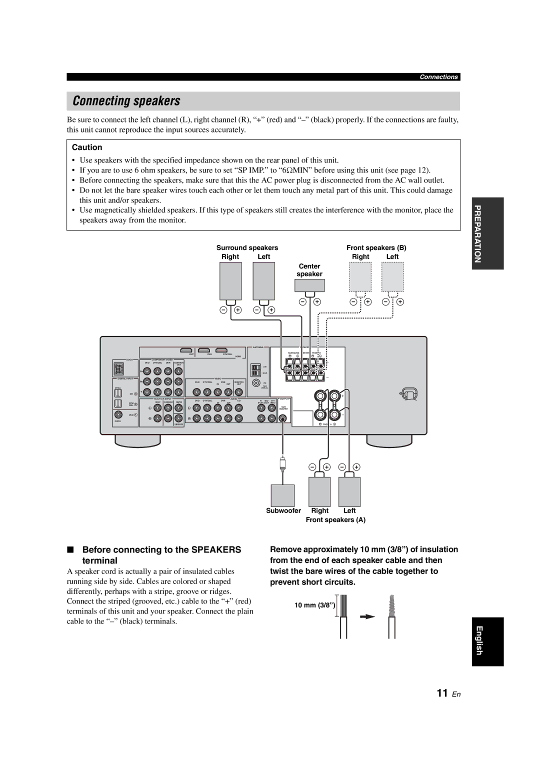 Yamaha RX-V363 owner manual Connecting speakers, 11 En, Before connecting to the Speakers Terminal 