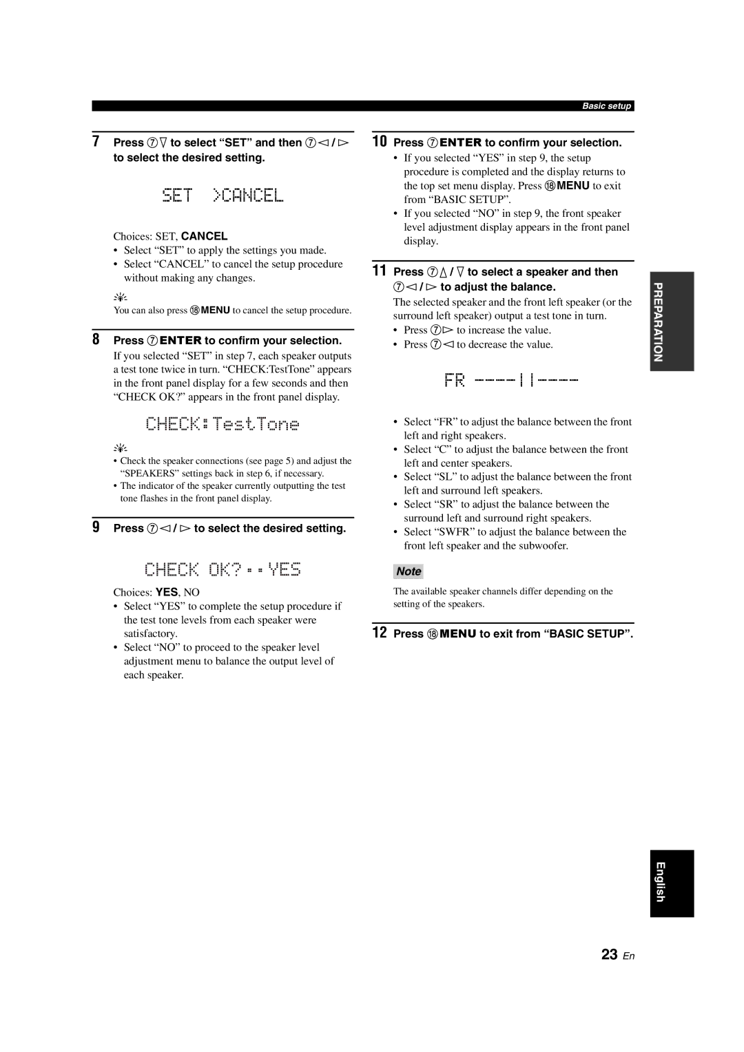 Yamaha RX-V363 CHECKTestTone, 23 En, Press 7ENTER to confirm your selection, Press 7l/ h to select the desired setting 