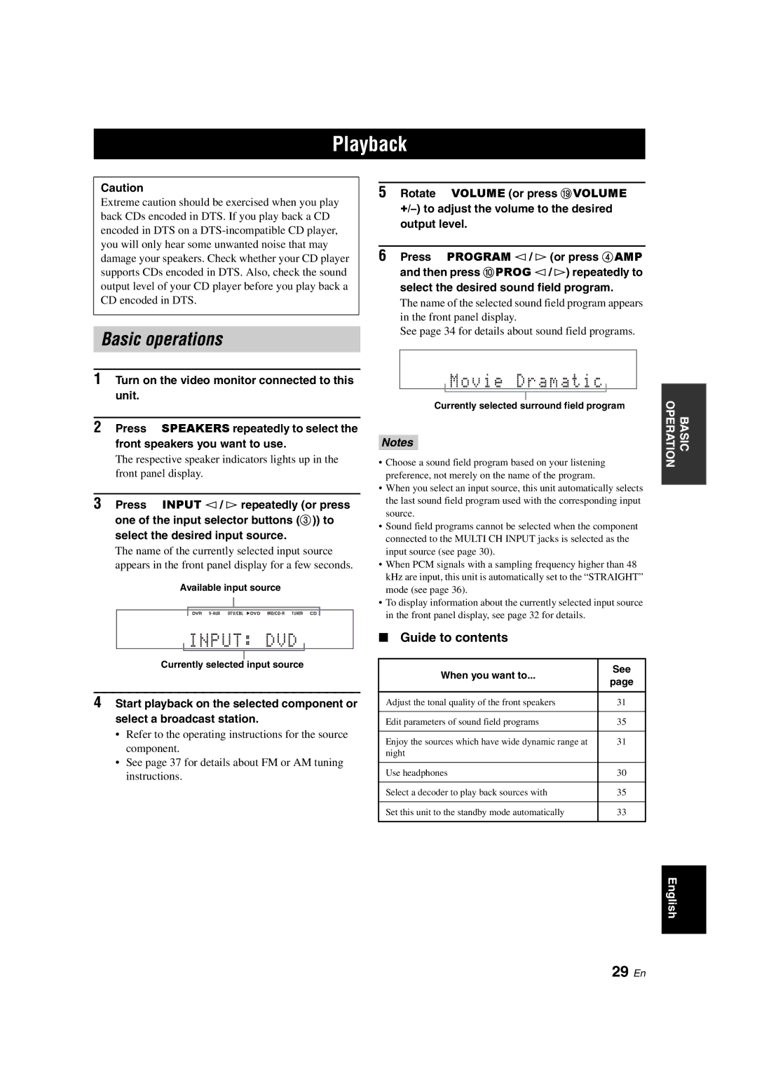 Yamaha RX-V363 owner manual Playback, Basic operations, V i e D r a m a t i c, 29 En, Guide to contents 