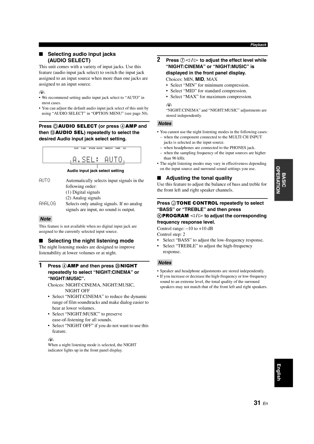 Yamaha RX-V363 31 En, Selecting audio input jacks, Selecting the night listening mode, Adjusting the tonal quality 