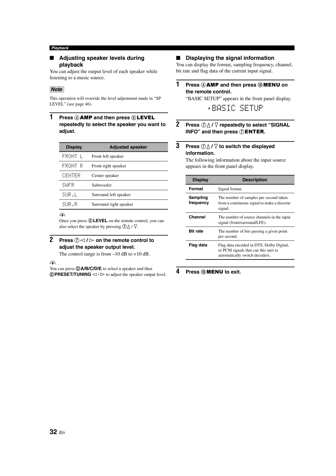 Yamaha RX-V363 32 En, Adjusting speaker levels during Playback, Displaying the signal information, Press Hmenu to exit 