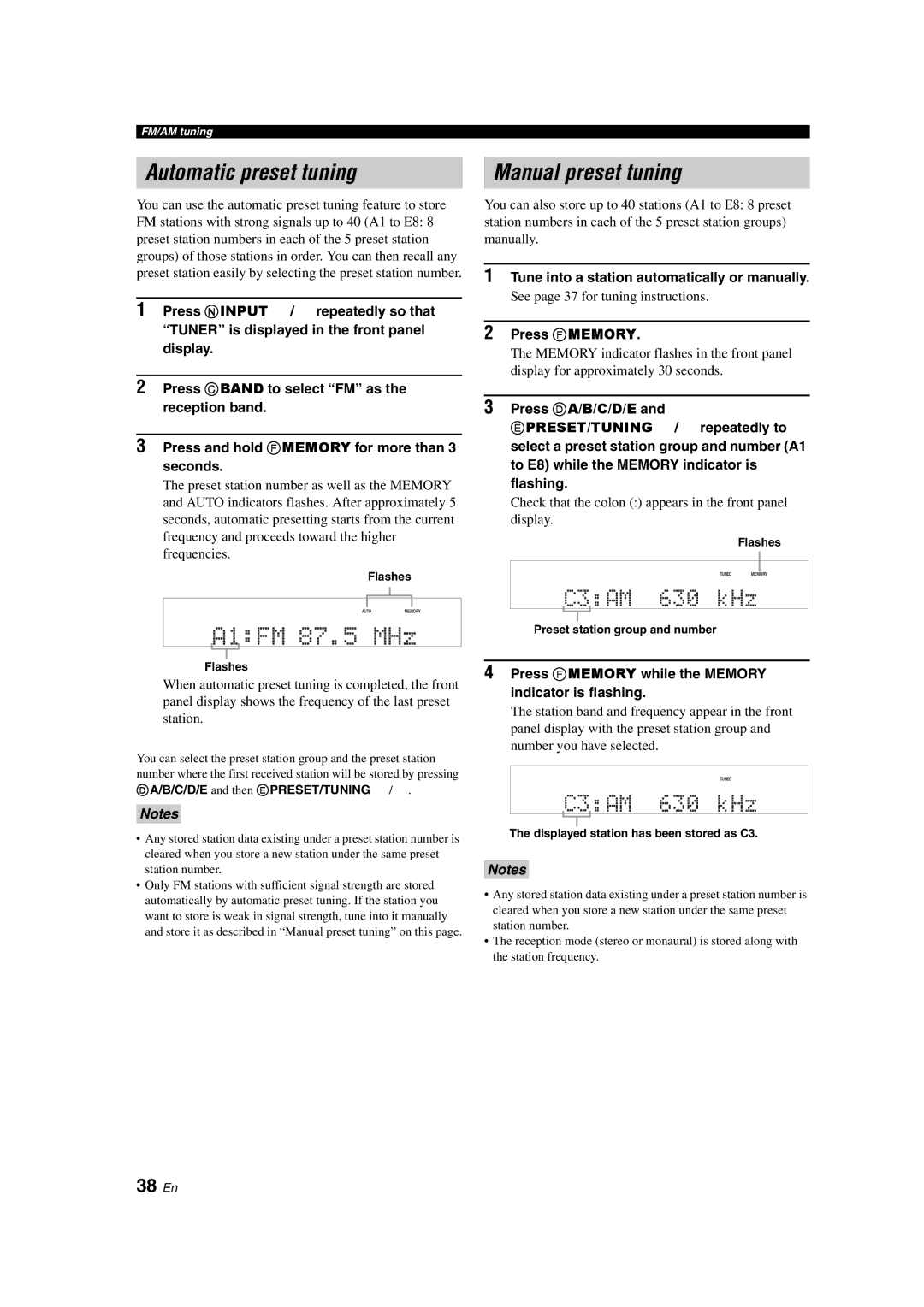 Yamaha RX-V363 owner manual Automatic preset tuning, Manual preset tuning, C3AM 630 kHz, 38 En 