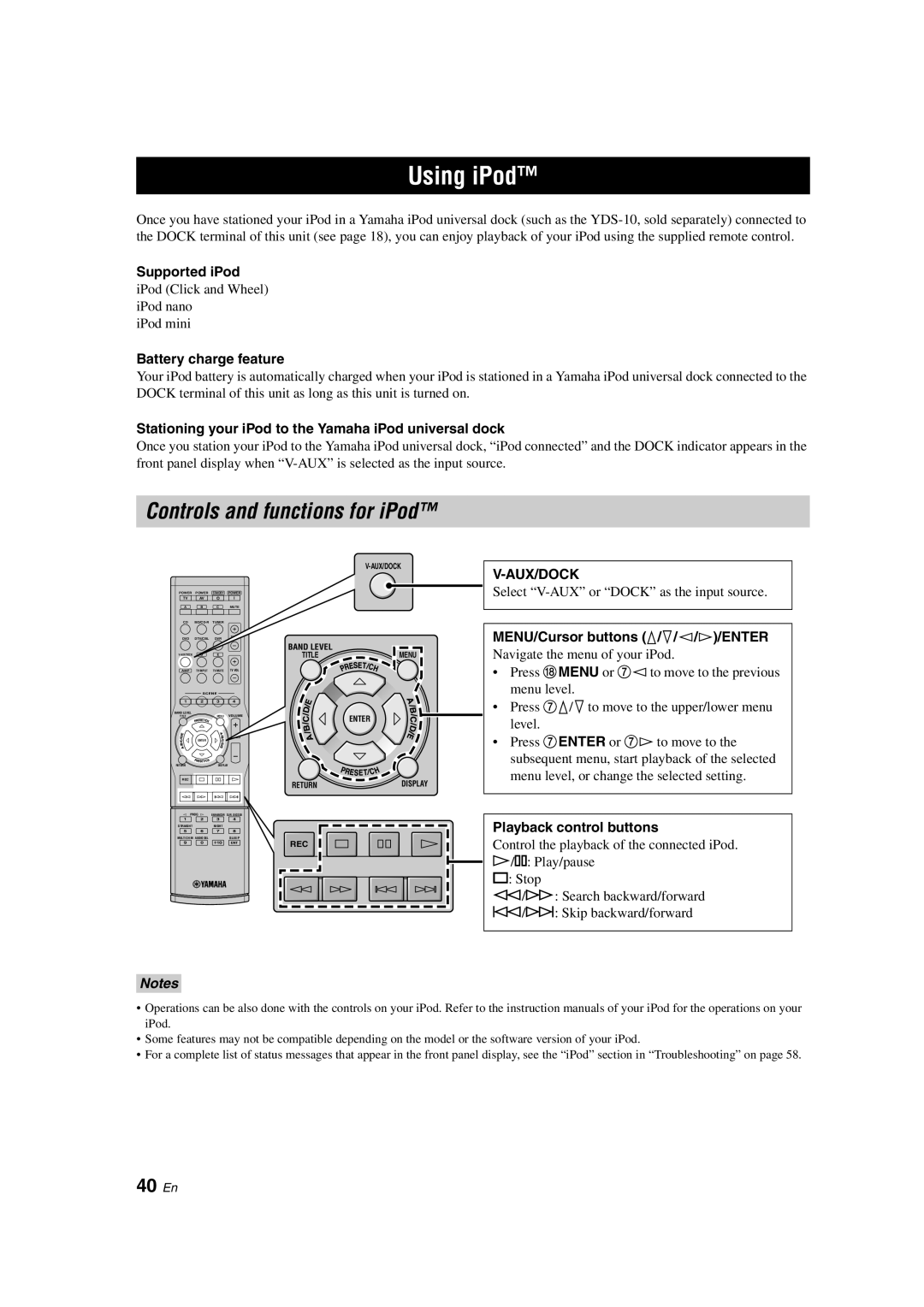 Yamaha RX-V363 owner manual Using iPod, 40 En, Aux/Dock 