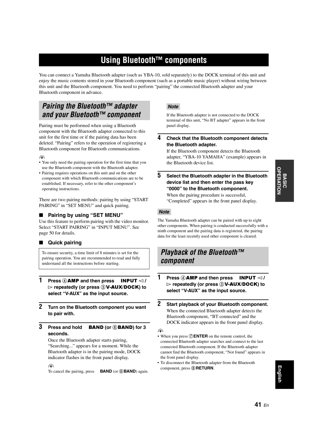 Yamaha RX-V363 owner manual Using Bluetooth components, 41 En, Pairing by using SET Menu, Quick pairing 