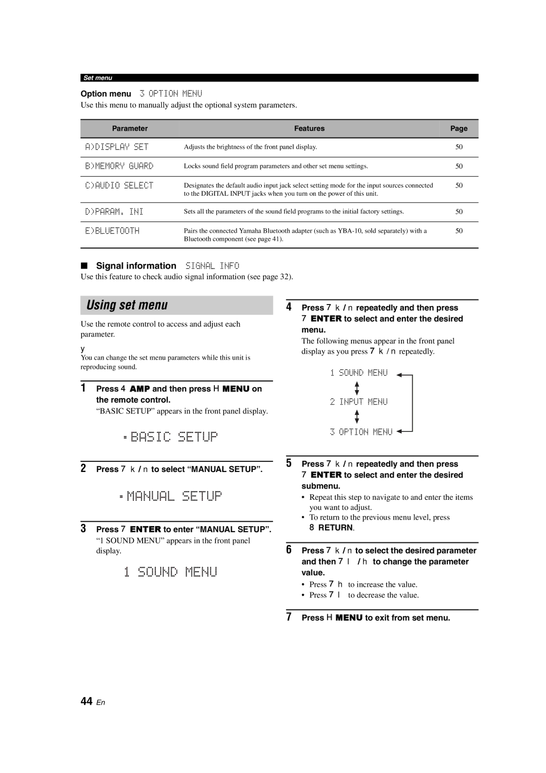 Yamaha RX-V363 owner manual Using set menu, 44 En, Signal information Signal Info, 8RETURN 