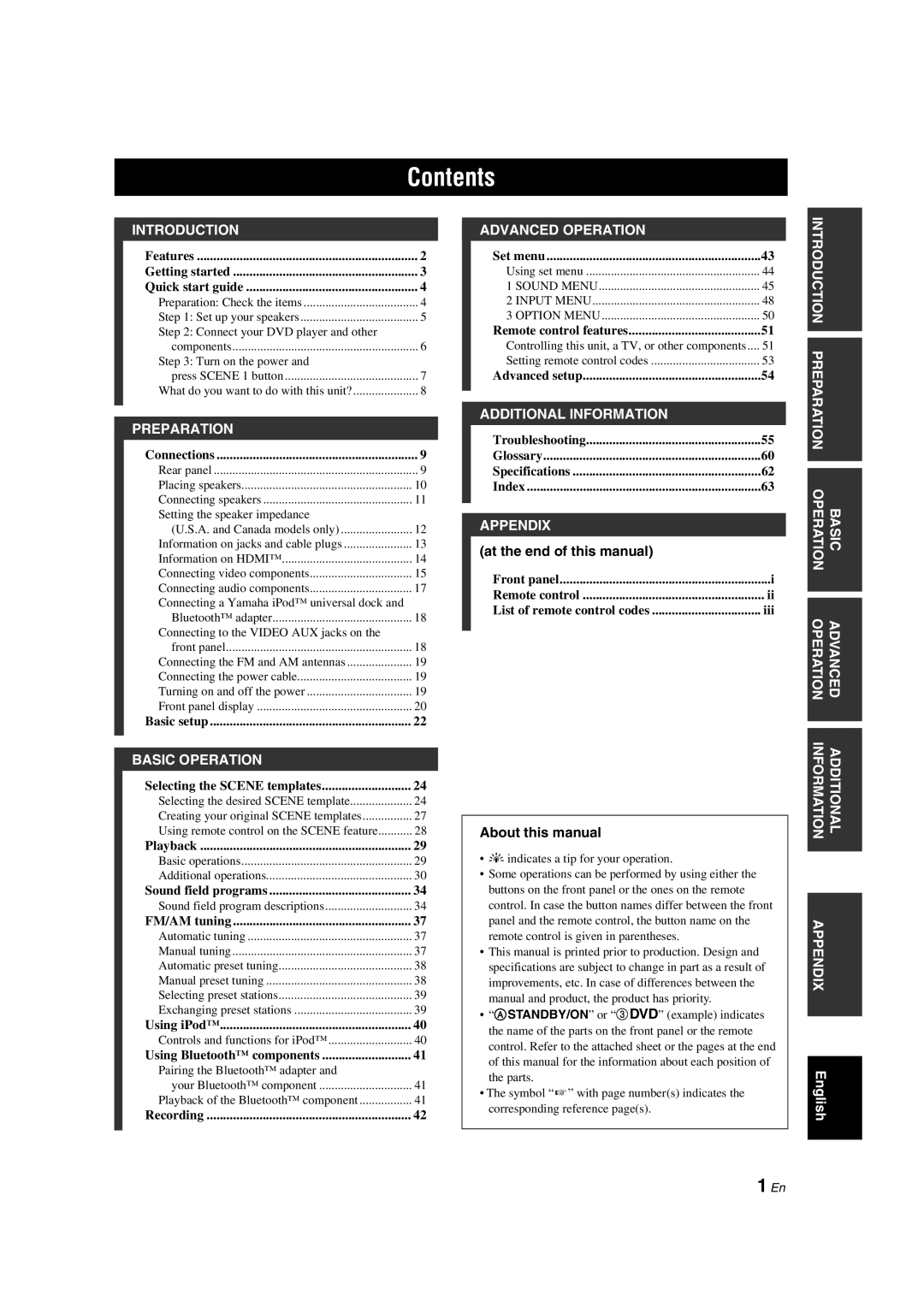 Yamaha RX-V363 owner manual Contents 