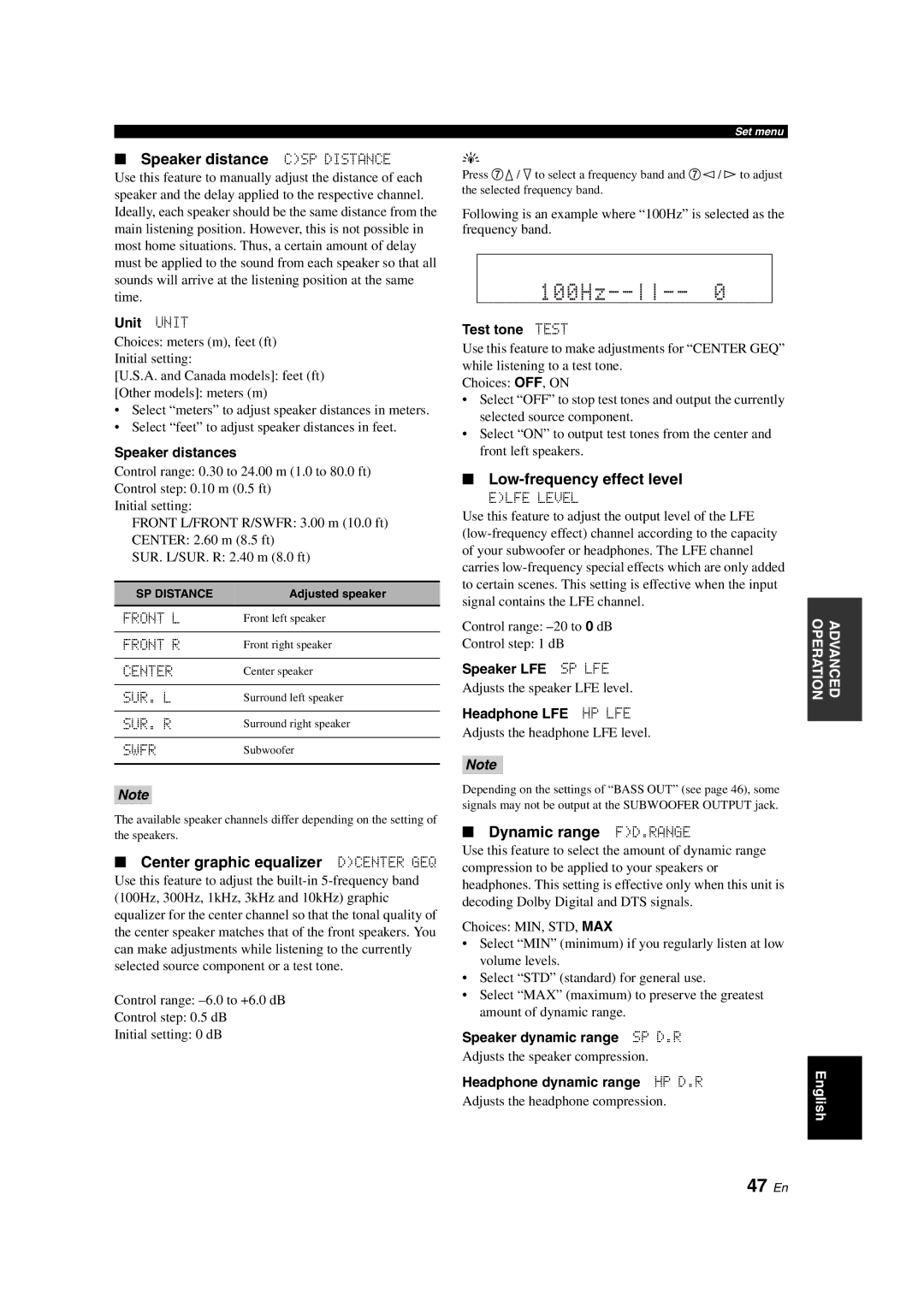 Yamaha RX-V363 owner manual 100Hz, 47 En 