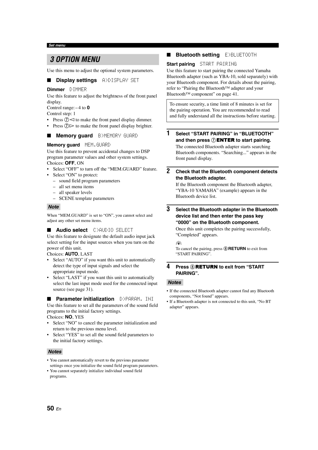 Yamaha RX-V363 50 En, Display settings Adisplay SET, Parameter initialization DPARAM. INI, Bluetooth setting Ebluetooth 