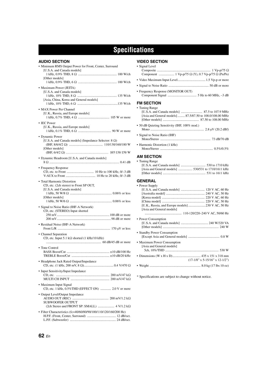 Yamaha RX-V363 owner manual Specifications, 62 En 