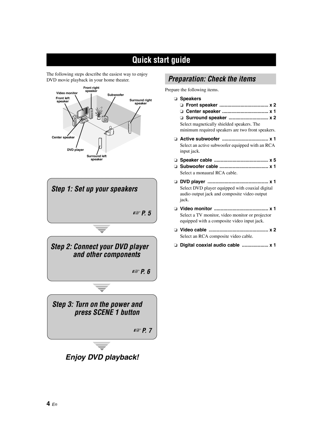 Yamaha RX-V363 owner manual Quick start guide, Set up your speakers, Preparation Check the items, Enjoy DVD playback 