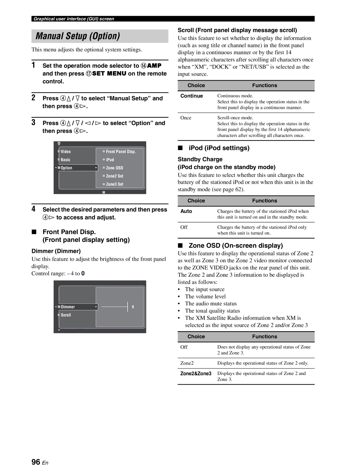 Yamaha RX-V3800 owner manual Manual Setup Option, 96 En, Front Panel Disp Front panel display setting, IPod iPod settings 