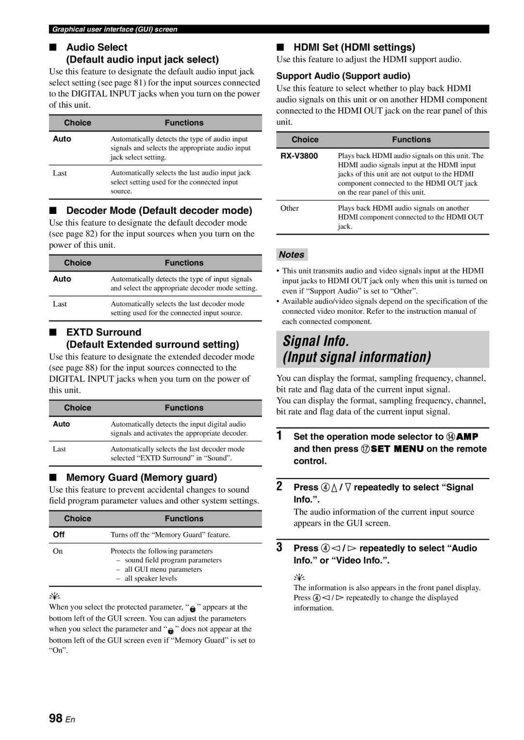 Yamaha RX-V3800 owner manual Signal Info Input signal information, 98 En 