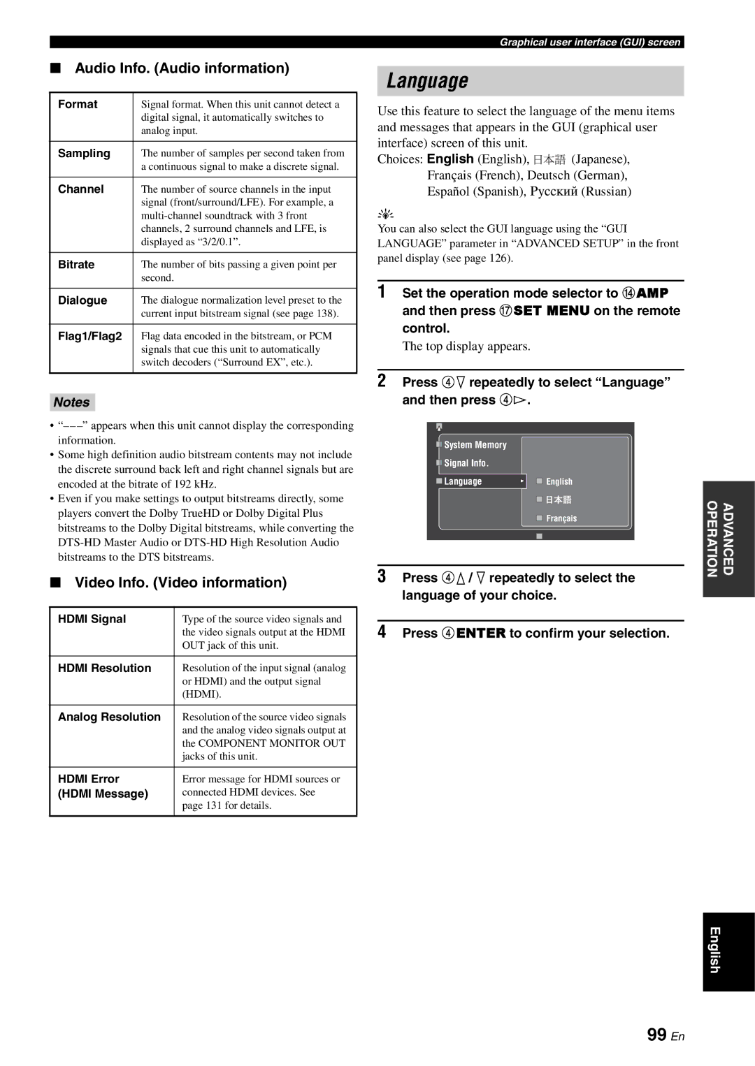 Yamaha RX-V3800 owner manual Language, 99 En, Audio Info. Audio information, Video Info. Video information 