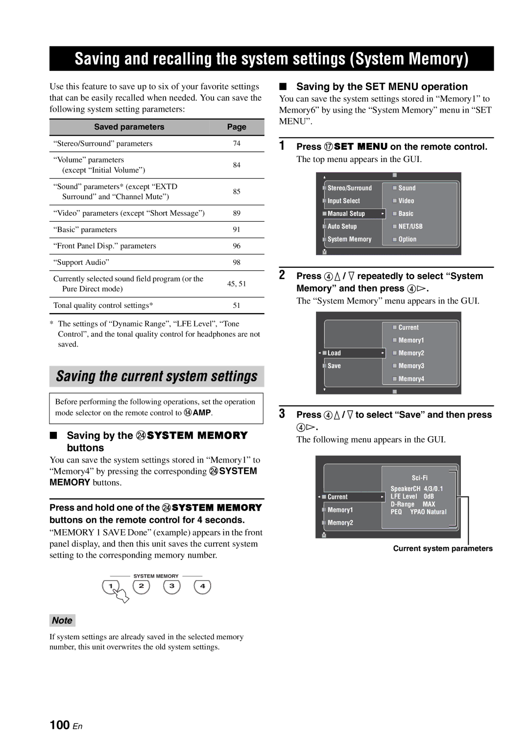 Yamaha RX-V3800 Saving and recalling the system settings System Memory, 100 En, Saving by the Nsystem Memory Buttons 