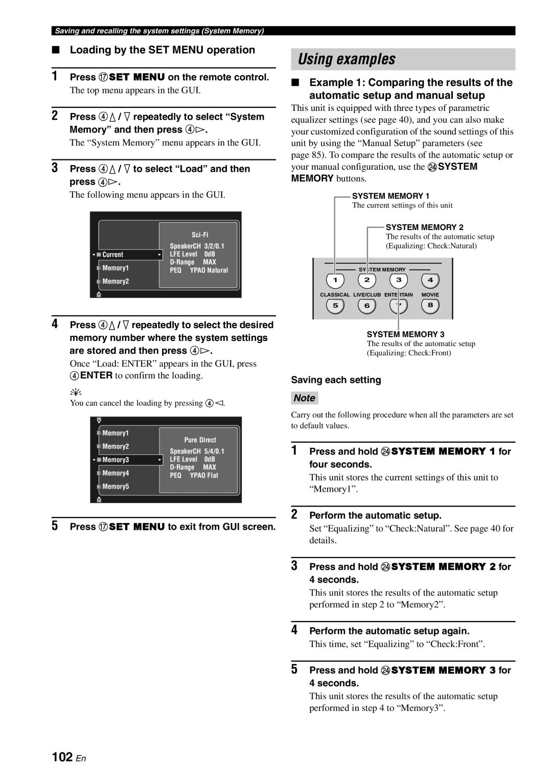 Yamaha RX-V3800 owner manual Using examples, 102 En, Loading by the SET Menu operation 