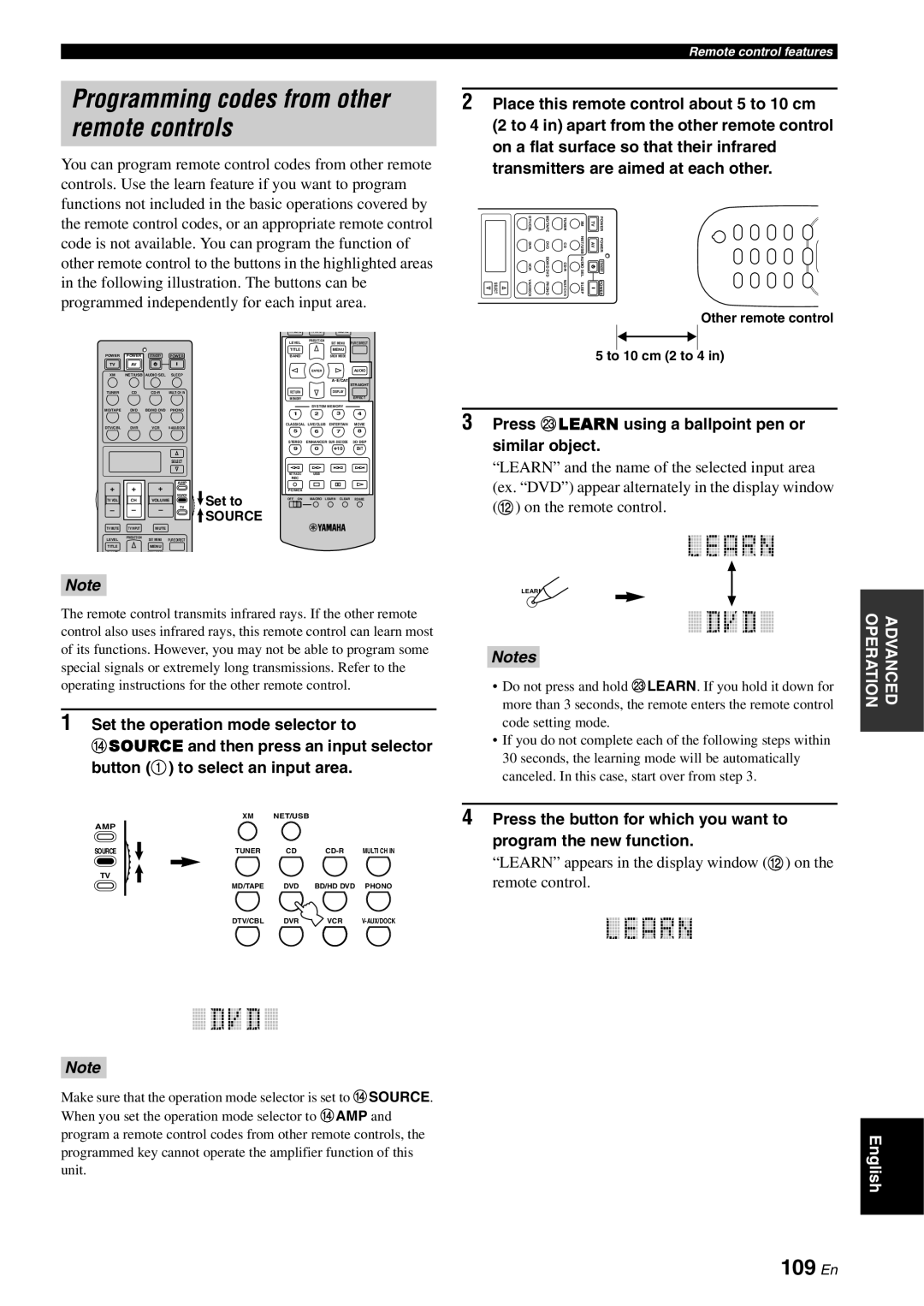 Yamaha RX-V3800 Programming codes from other remote controls, 109 En, Press Mlearn using a ballpoint pen or similar object 