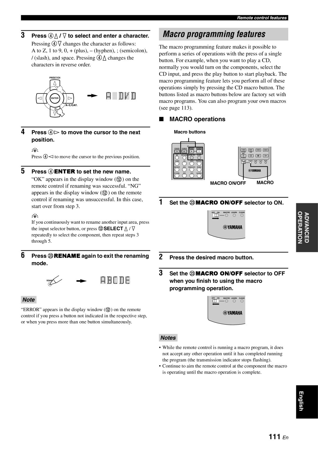 Yamaha RX-V3800 owner manual Macro programming features, 111 En, Macro operations 