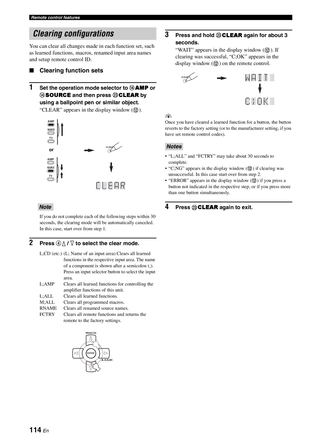 Yamaha RX-V3800 Clearing configurations, 114 En, Clearing function sets, Press and hold Mclear again for about 3 seconds 