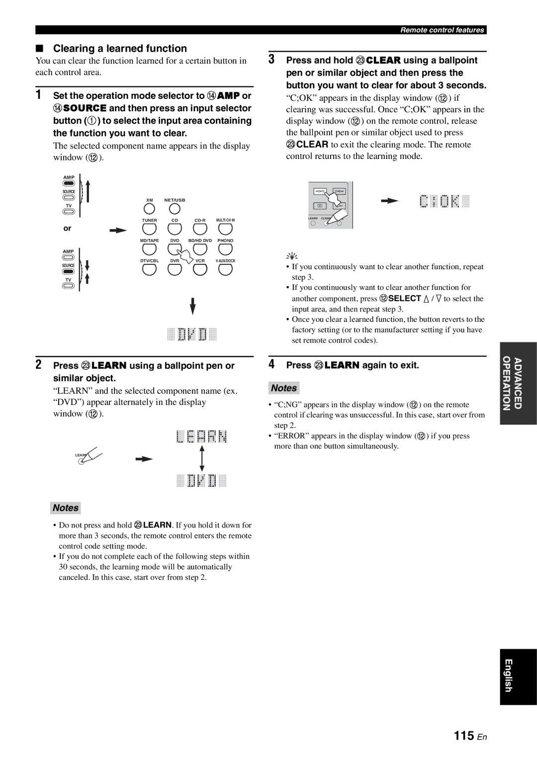 Yamaha RX-V3800 owner manual 115 En, Clearing a learned function, Selected component name appears in the display window B 