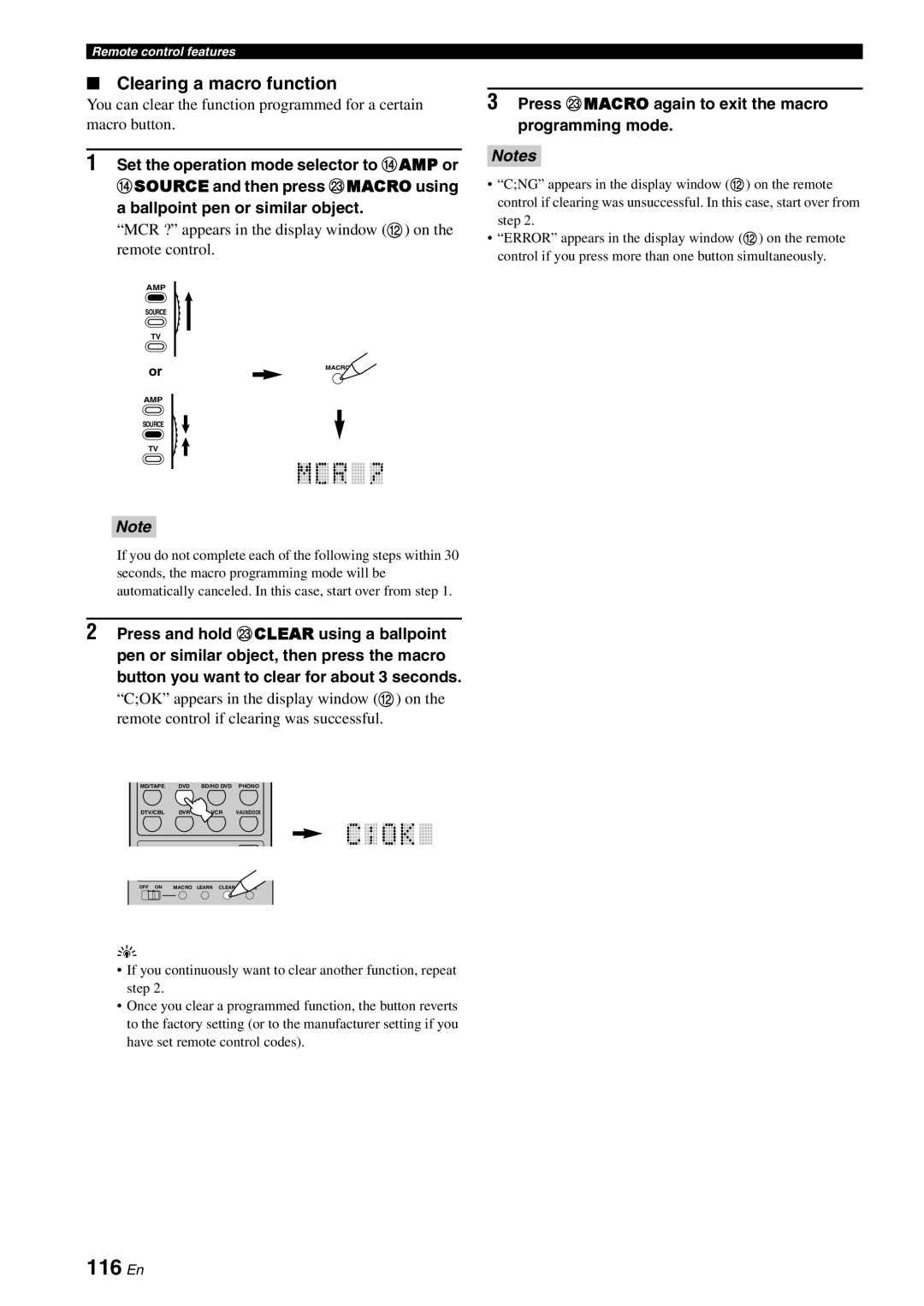 Yamaha RX-V3800 owner manual 116 En, Clearing a macro function, Press Mmacro again to exit the macro programming mode 