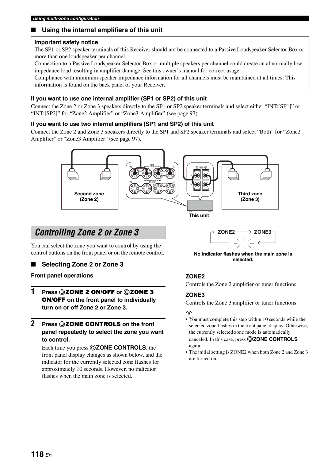 Yamaha RX-V3800 Controlling Zone 2 or Zone, 118 En, Using the internal amplifiers of this unit, Selecting Zone 2 or Zone 