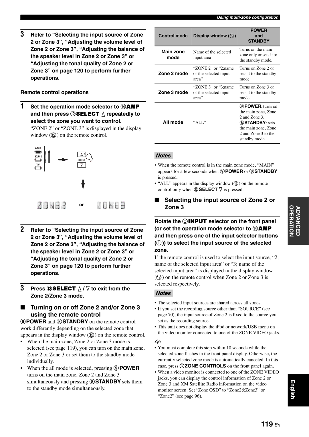 Yamaha RX-V3800 owner manual 119 En, Selecting the input source of Zone 2 or Zone 