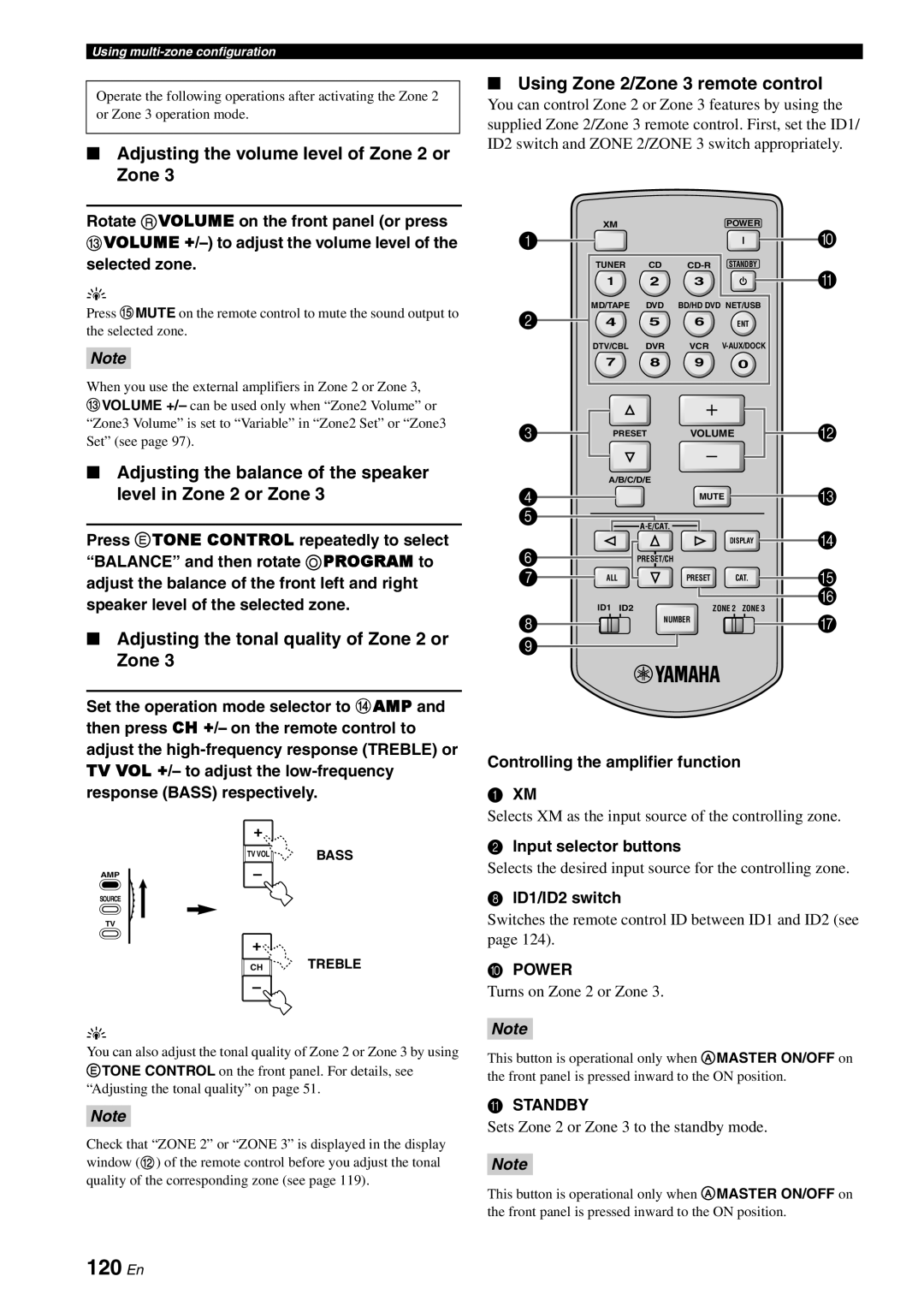 Yamaha RX-V3800 120 En, Adjusting the volume level of Zone 2 or Zone, Adjusting the tonal quality of Zone 2 or Zone 