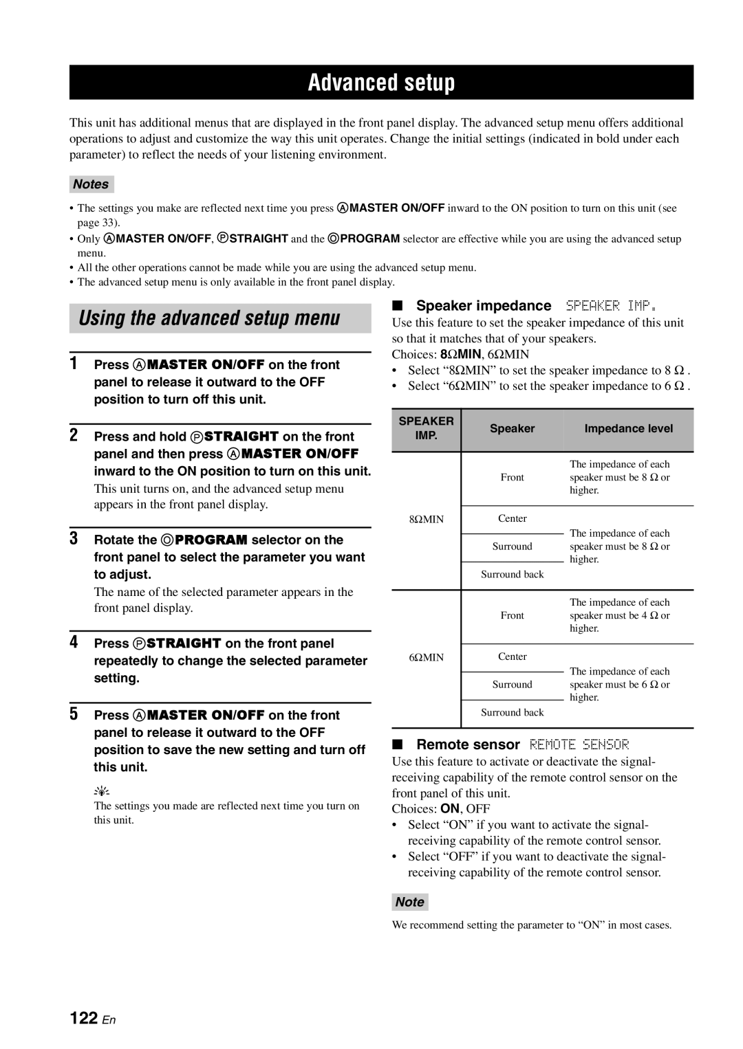 Yamaha RX-V3800 owner manual Advanced setup, 122 En, Speaker impedance Speaker IMP, Remote sensor Remote Sensor 