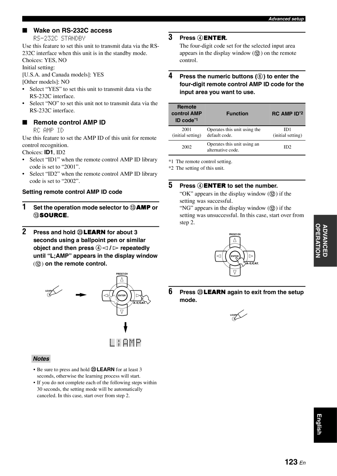 Yamaha RX-V3800 123 En, Wake on RS-232C access, Remote control AMP ID, Press Mlearn again to exit from the setup mode 