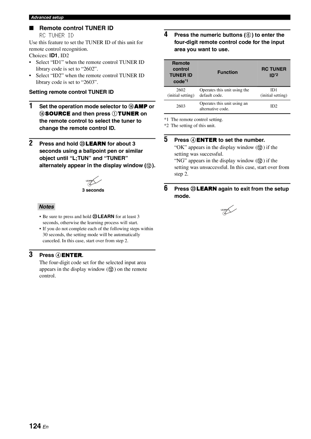 Yamaha RX-V3800 owner manual 124 En, Remote control Tuner ID, ID*2 