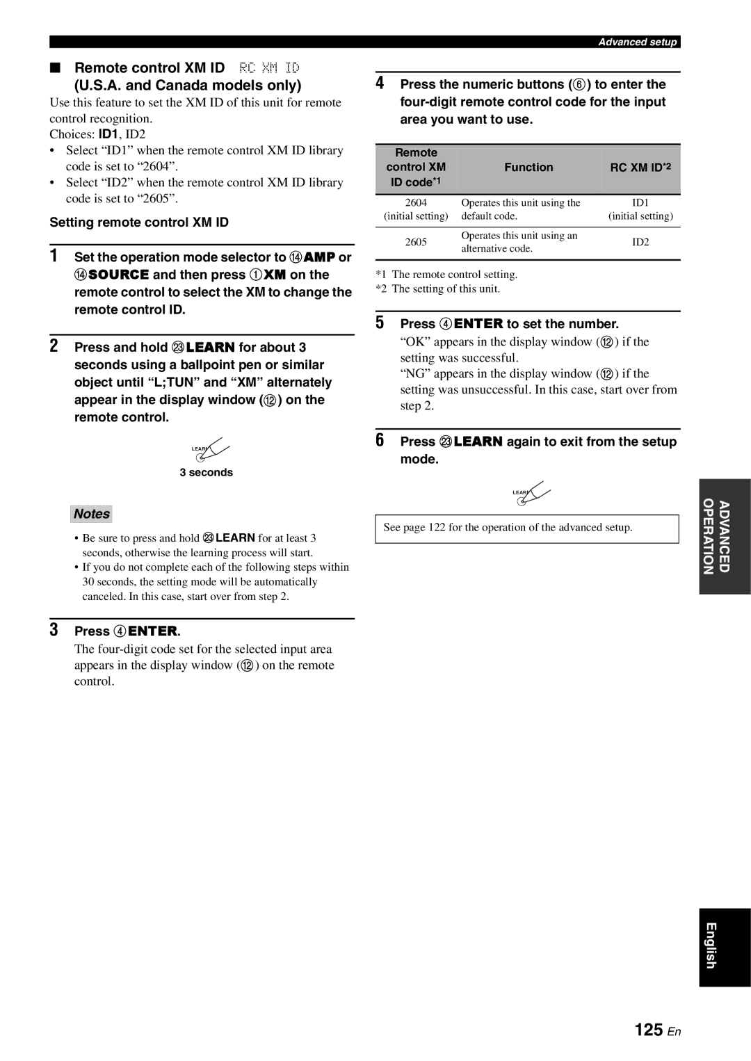 Yamaha RX-V3800 owner manual 125 En, Remote control XM ID RC XM ID A. and Canada models only, Control XM 