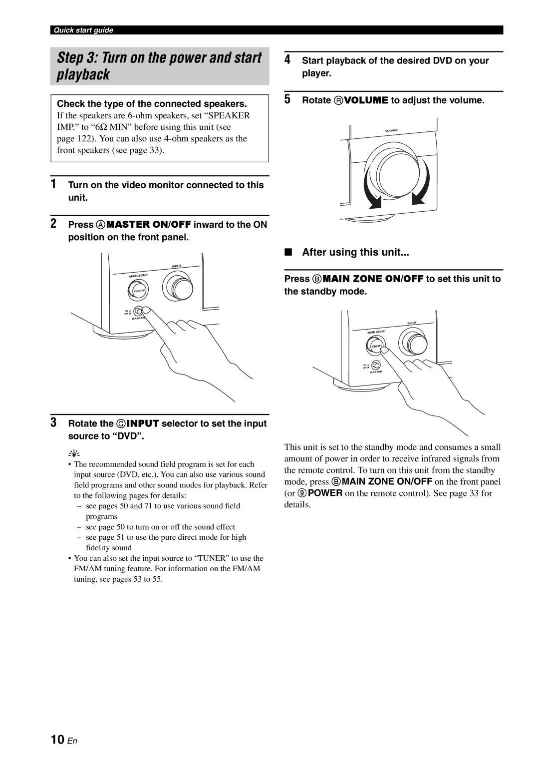 Yamaha RX-V3800 owner manual Turn on the power and start playback, 10 En, After using this unit 