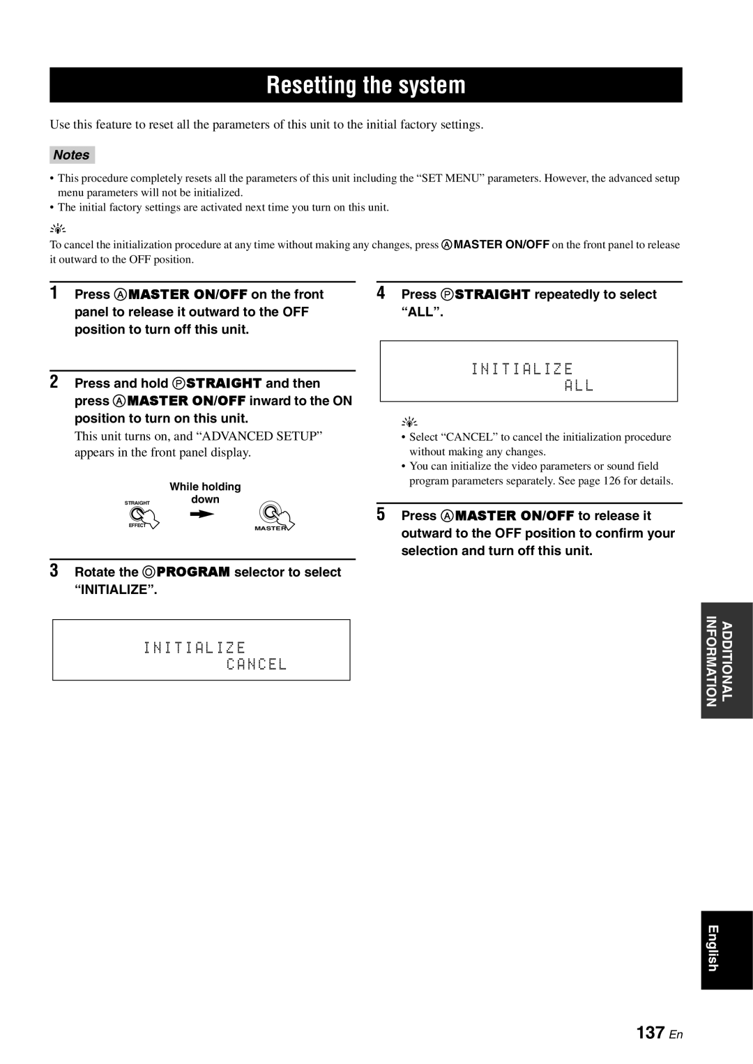 Yamaha RX-V3800 owner manual Resetting the system, 137 En 