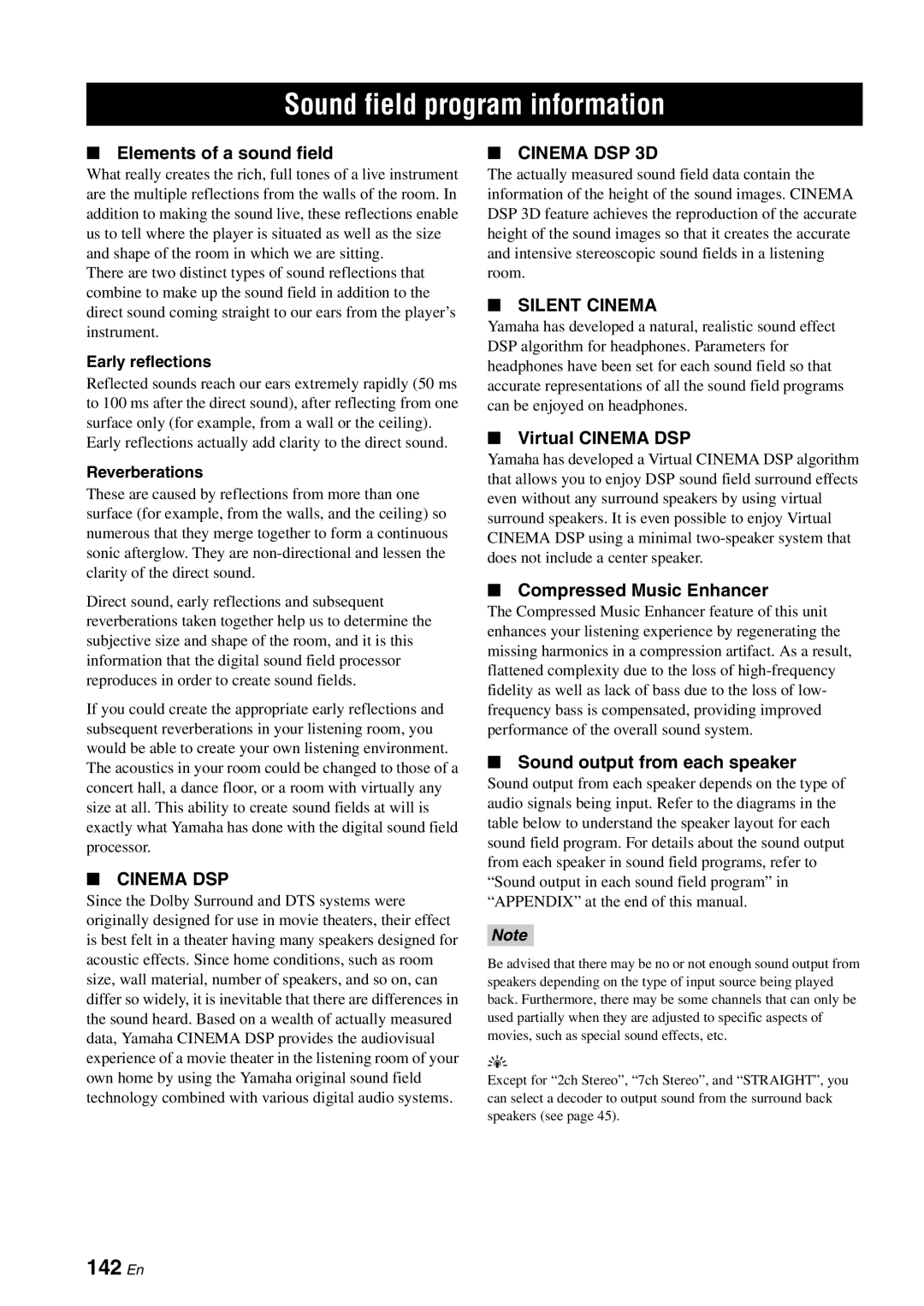 Yamaha RX-V3800 Sound field program information, 142 En, Elements of a sound field, Sound output from each speaker 