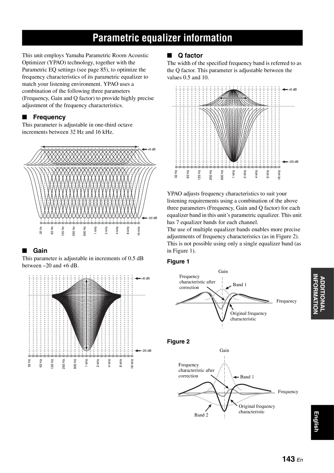 Yamaha RX-V3800 owner manual Parametric equalizer information, 143 En, Frequency, Factor, Gain 