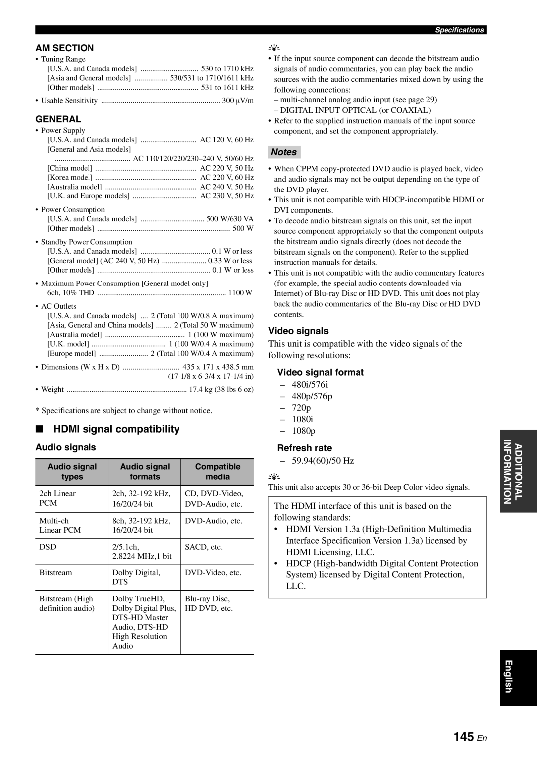 Yamaha RX-V3800 owner manual 145 En, Hdmi signal compatibility 