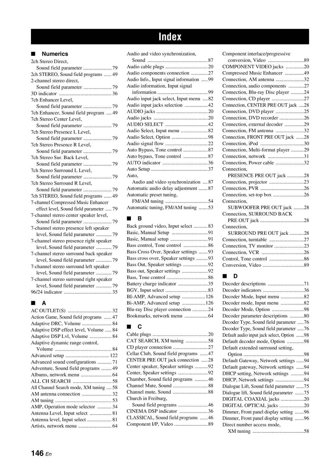 Yamaha RX-V3800 owner manual 146 En, Numerics 