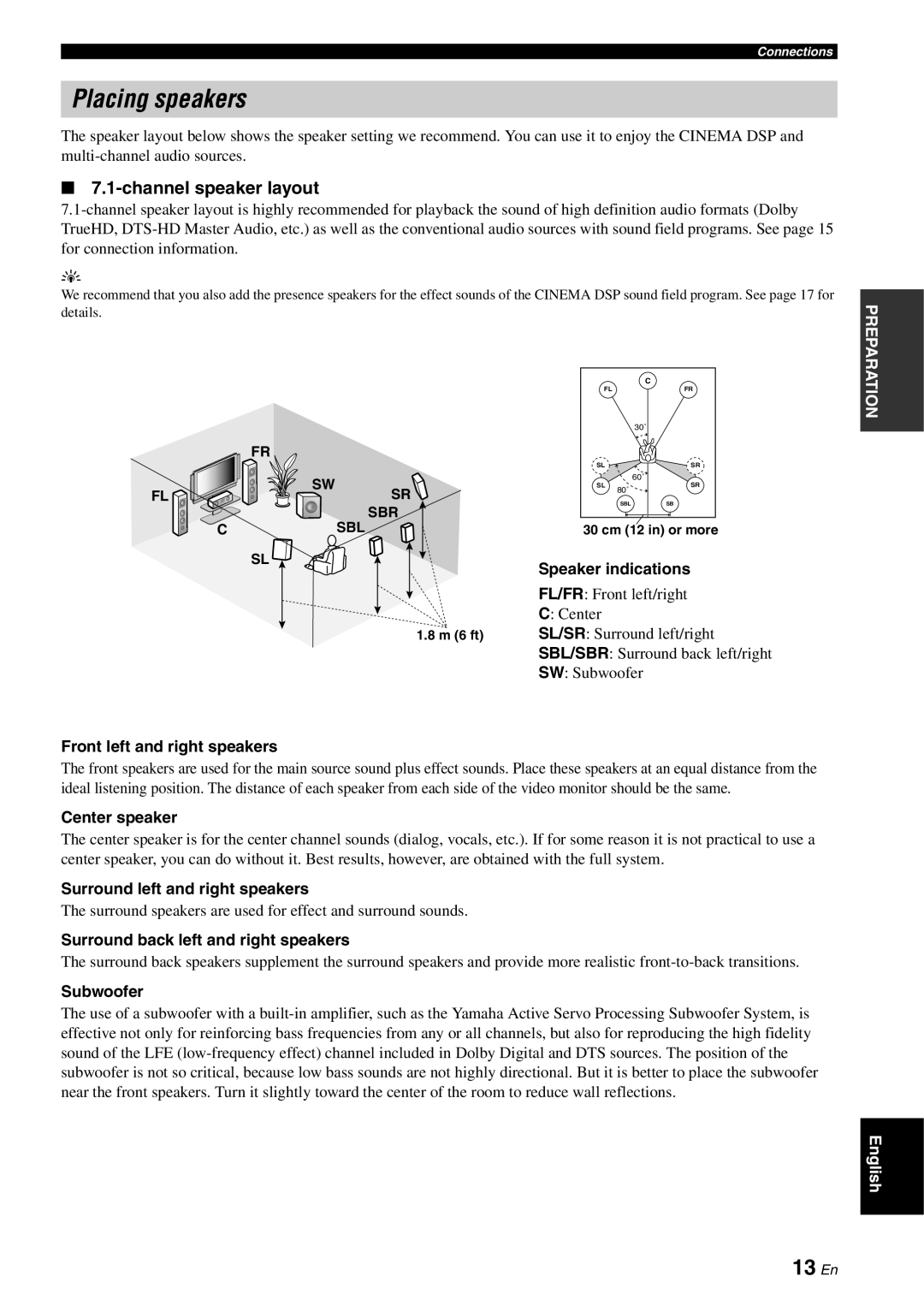 Yamaha RX-V3800 owner manual Placing speakers, 13 En, Channel speaker layout 