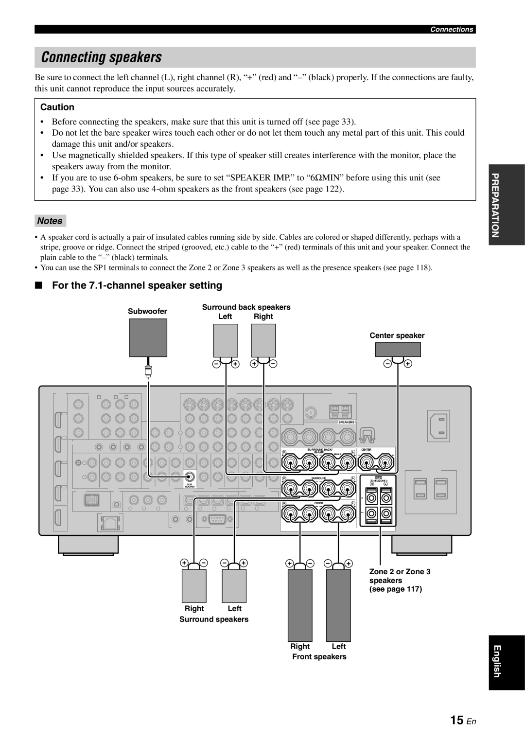 Yamaha RX-V3800 owner manual Connecting speakers, 15 En, For the 7.1-channel speaker setting 