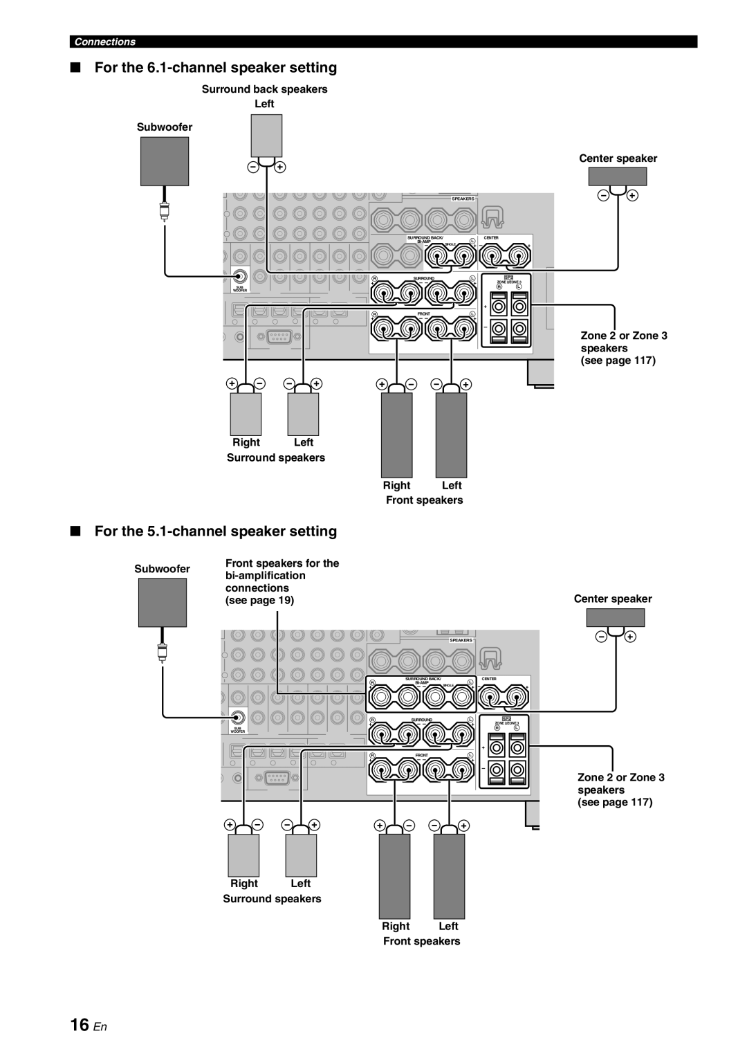 Yamaha RX-V3800 owner manual 16 En, For the 6.1-channel speaker setting, For the 5.1-channel speaker setting 