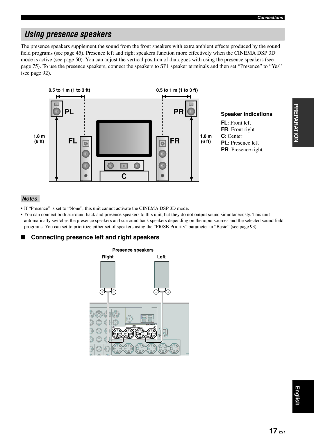 Yamaha RX-V3800 owner manual Using presence speakers, 17 En, Connecting presence left and right speakers, To 1 m 1 to 3 ft 