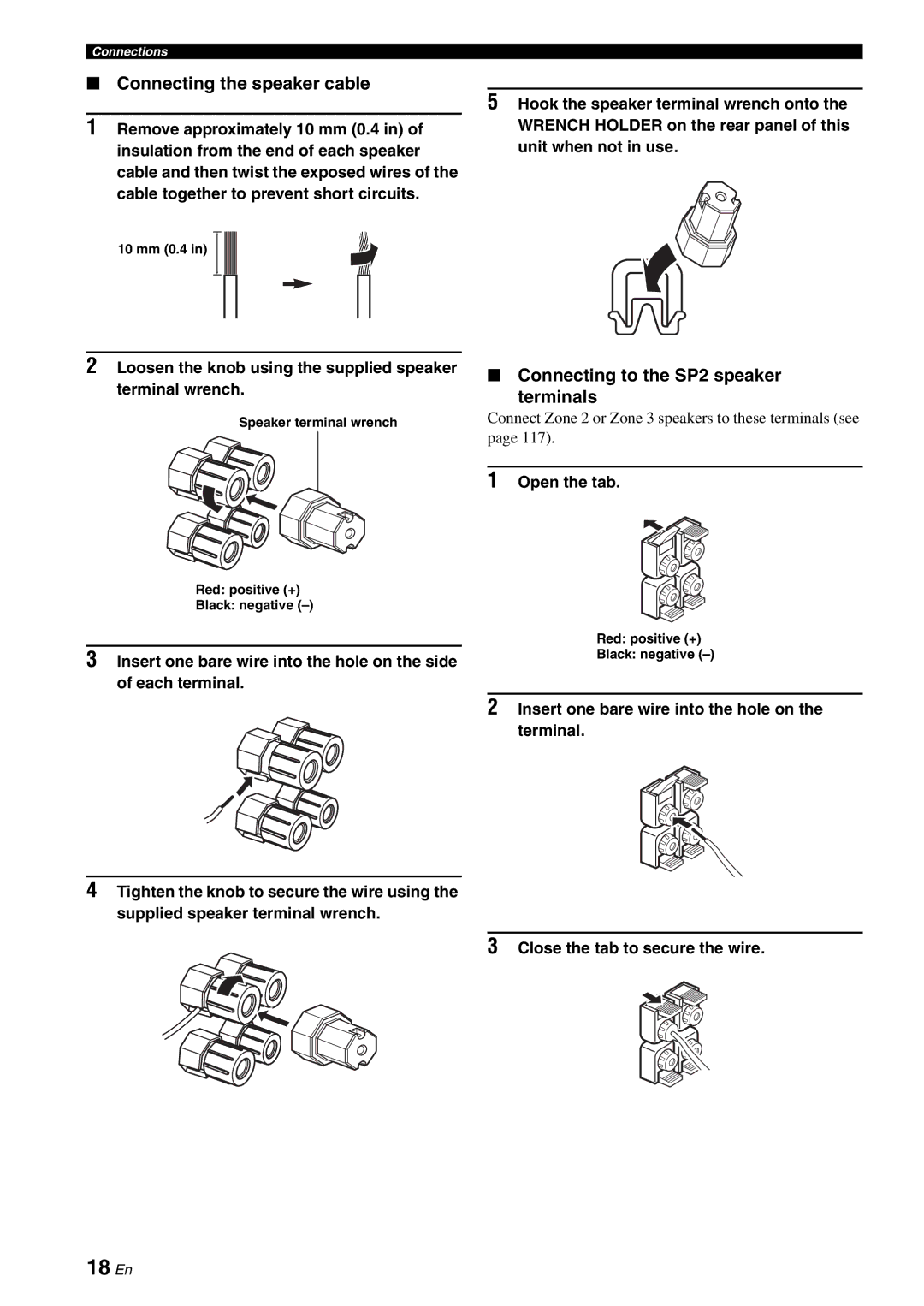 Yamaha RX-V3800 owner manual 18 En, Connecting the speaker cable, Connecting to the SP2 speaker Terminals, Open the tab 