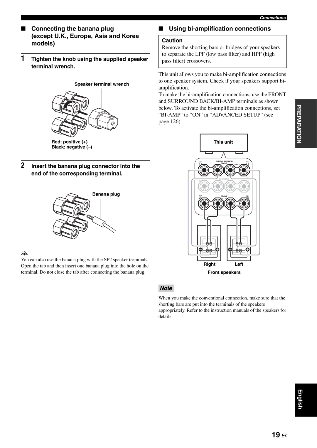 Yamaha RX-V3800 19 En, Using bi-amplification connections, Tighten the knob using the supplied speaker terminal wrench 