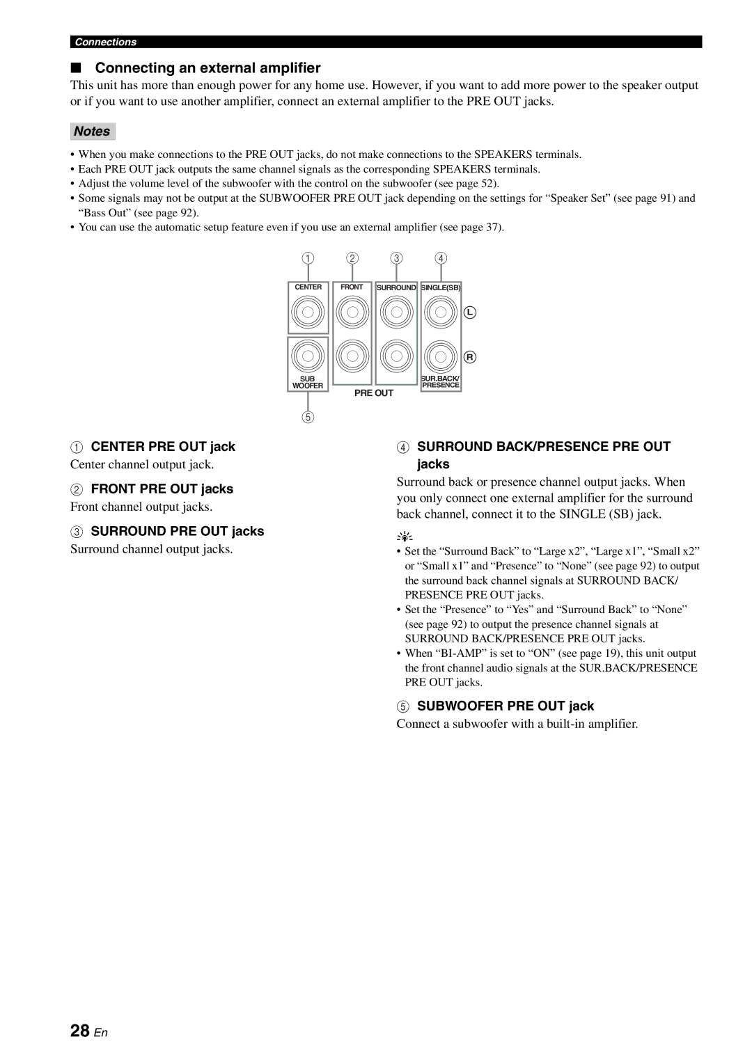 Yamaha RX-V3800 owner manual 28 En, Connecting an external amplifier 