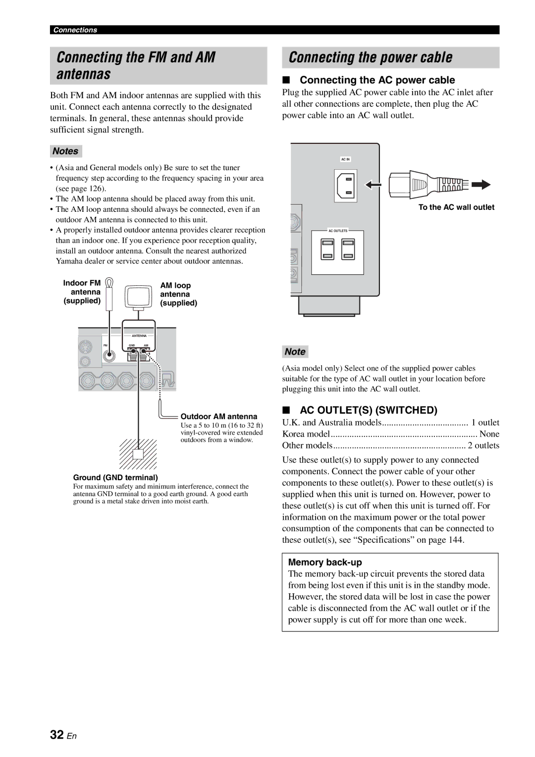 Yamaha RX-V3800 Connecting the FM and AM antennas, Connecting the power cable, 32 En, Connecting the AC power cable 