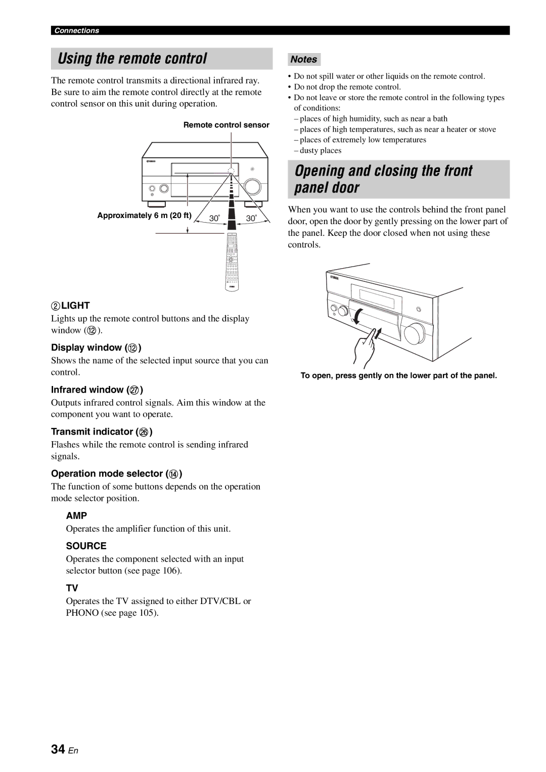 Yamaha RX-V3800 owner manual Using the remote control, Opening and closing the front panel door, 34 En 