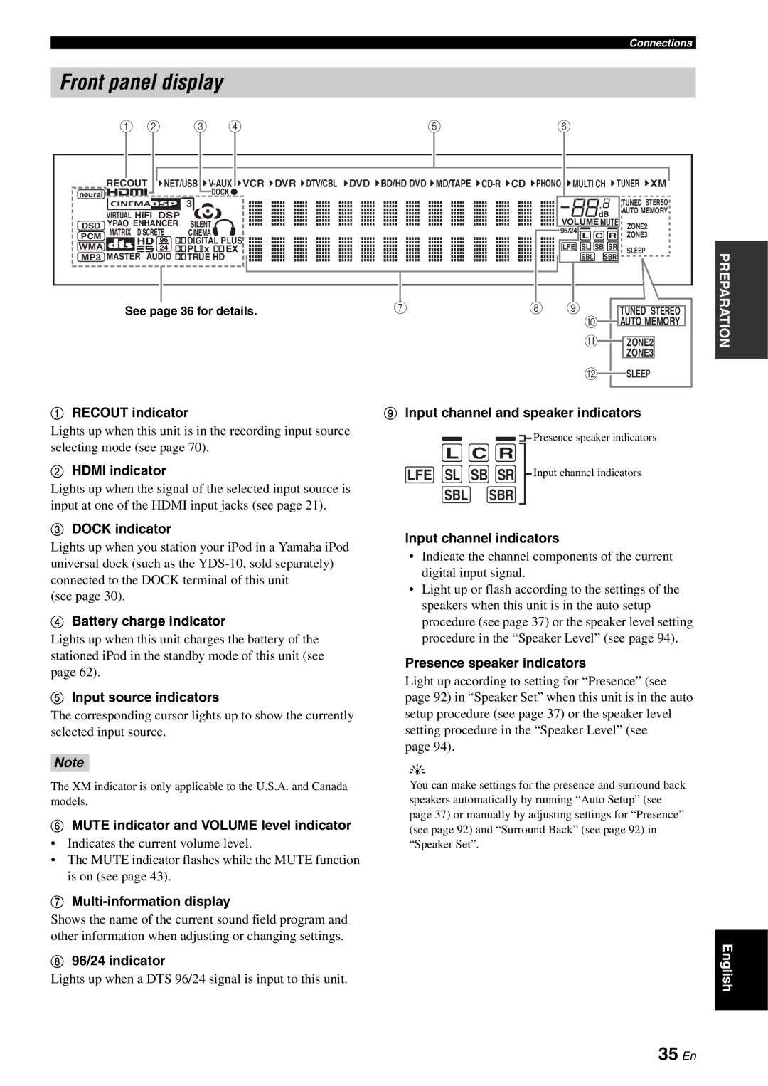 Yamaha RX-V3800 owner manual Front panel display, 35 En 