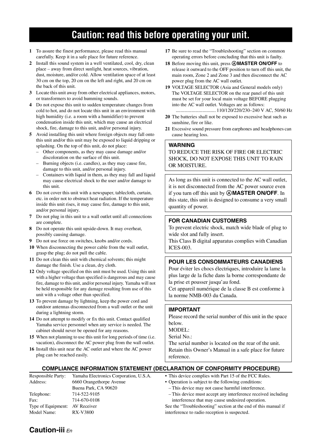 Yamaha RX-V3800 owner manual Serial No, Fax Interference that may cause undesired operation, AV Receiver 