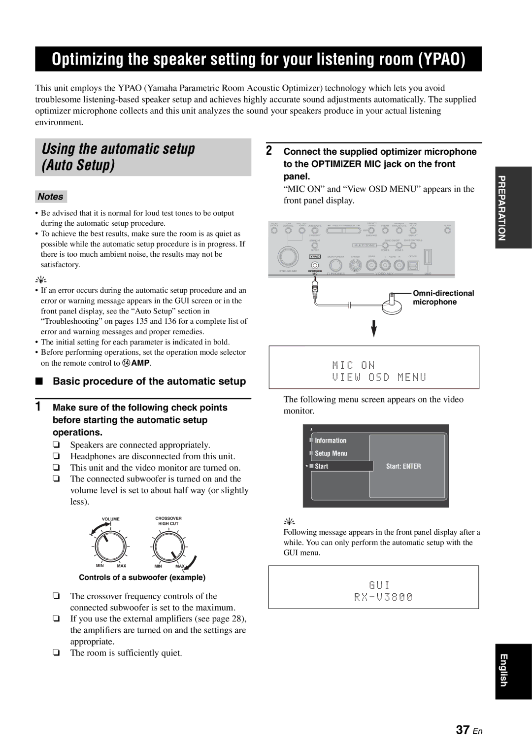 Yamaha RX-V3800 Optimizing the speaker setting for your listening room Ypao, Using the automatic setup Auto Setup, 37 En 